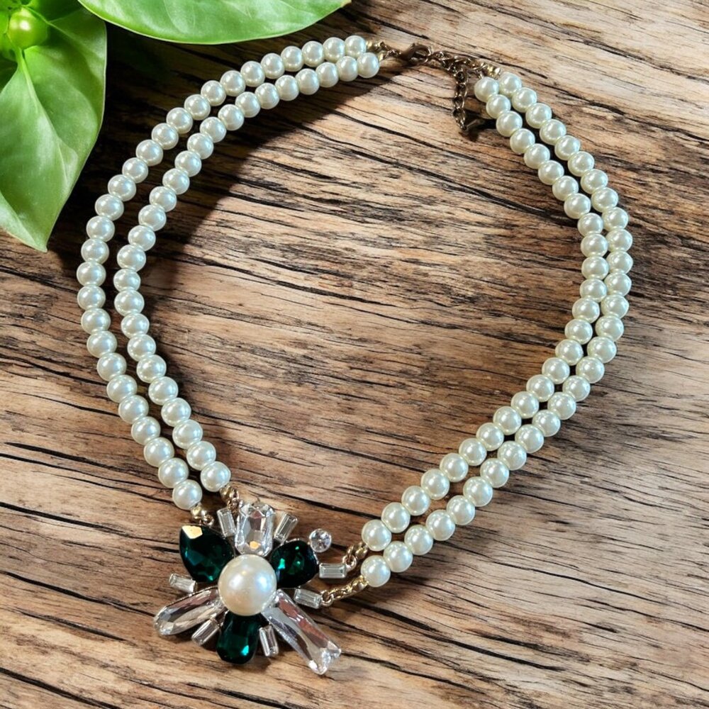 Faux Pearl Plastic Green Clear Rhinestone Pendant Womens Statement Necklace